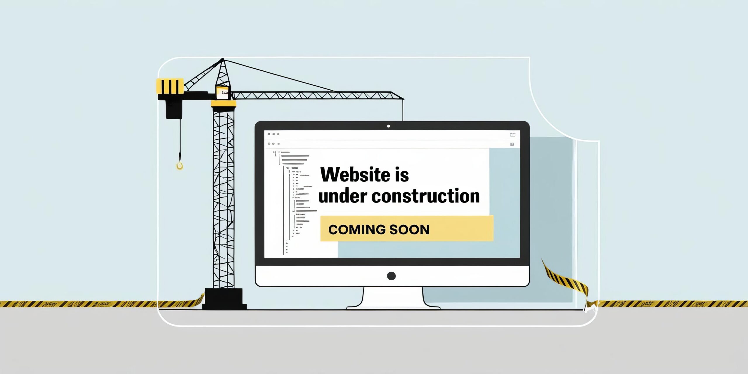 Minimalist illustration of a computer screen with bold text indicating website under construction coming soon.
